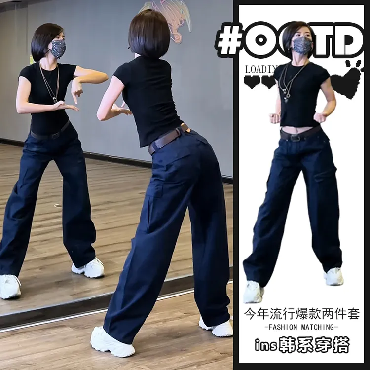 夏日穿搭套装韩式修身黑色短袖上衣宽松拖地休闲垂感阔腿裤两件套