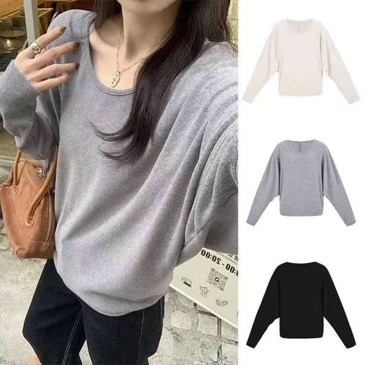 1209-秋季新款蝙蝠袖气质上衣慵懒宽松显瘦长袖T恤女百搭打底衫