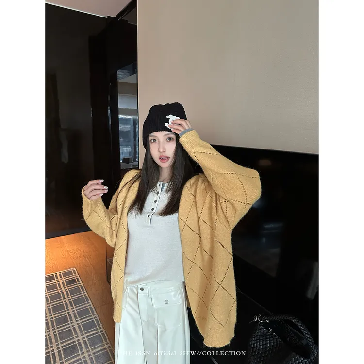 THEISSN宁司 镂空简约长袖毛衣开衫女秋季宽松针织上衣 01387