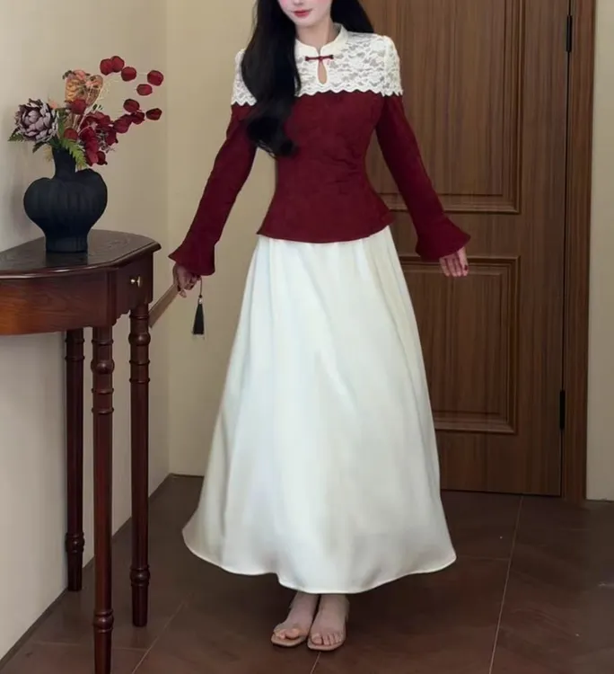 652-2#新中式国风套装2025秋新款蕾丝拼接提花上衣半身裙