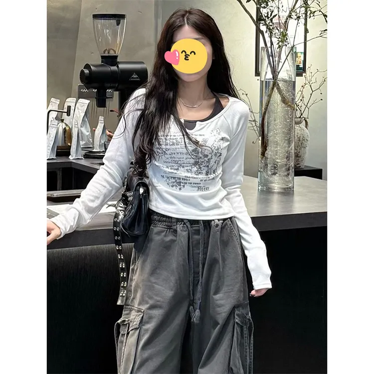 美式复古印花挂脖拼接长袖T恤女打底衫秋季假两件设计感辣妹上衣