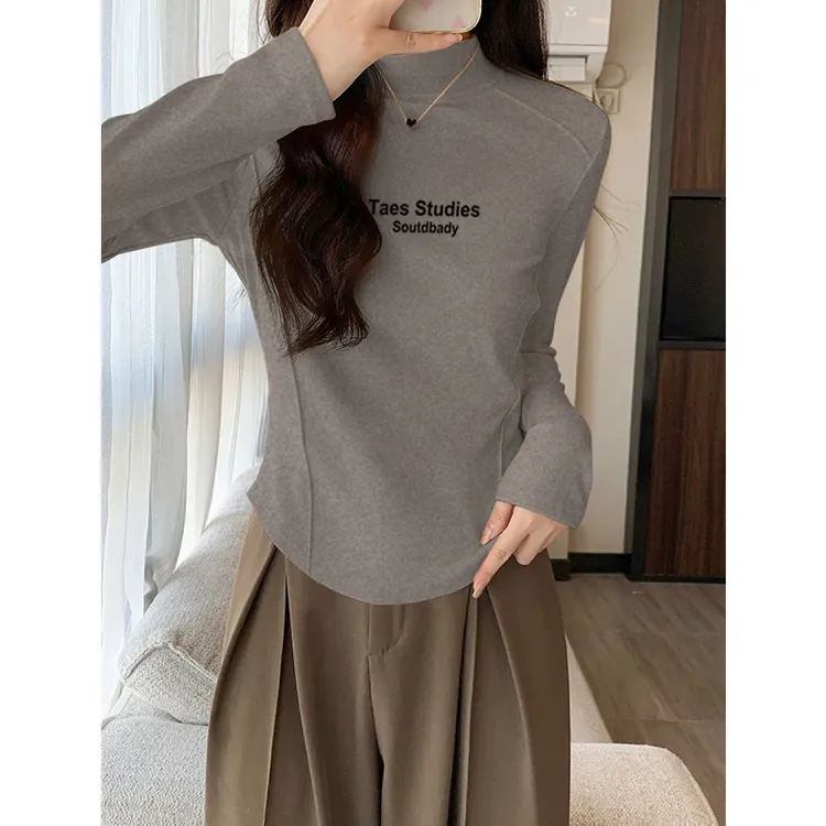 清仓捡漏~美式复古弧形下摆长袖T恤女2025修身别致德绒磨毛打底衫