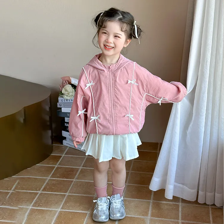 女童秋装甜美连帽上衣2025新款儿童洋气女宝宝百搭卡绳蝴蝶结外套
