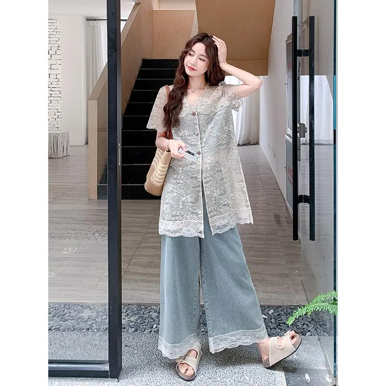 蕾丝镂空短袖上衣牛仔阔腿裤两件套女夏巨好看高级小众不撞衫套装