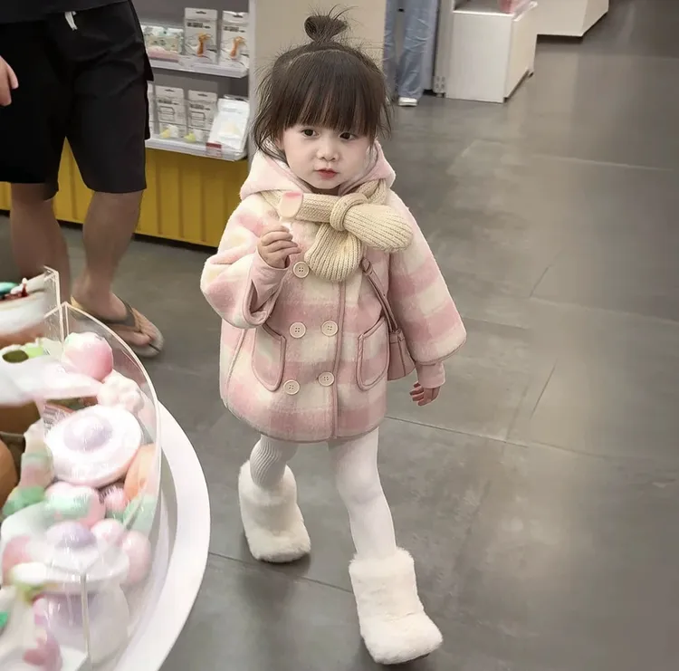 【加绒加厚】秋冬季儿童加绒加厚格子大衣外套戴帽可爱兔耳朵洋气