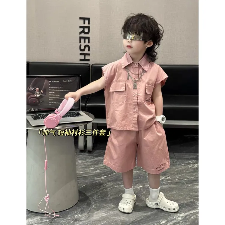 2025夏季新款童装坎肩无袖衬衫男童帅气潮酷三件套中小童韩版套装