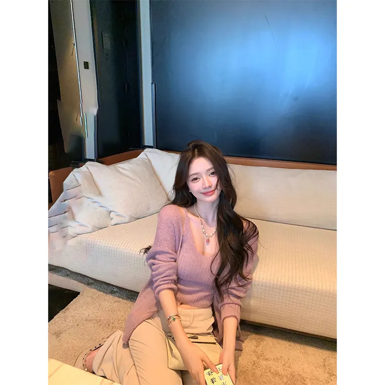 慵懒风松弛感时尚套装女早秋新款长袖系带开衫针织吊带背心两件套