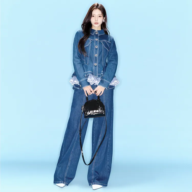 lefame拉飞姆2025秋季新款时尚洛可可格子刺绣花边牛仔外套