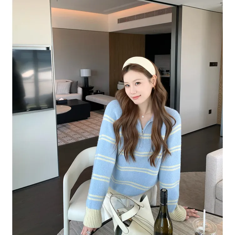 本希benxe/韩系娃娃领 翻领减龄条纹拼接宽松毛衣