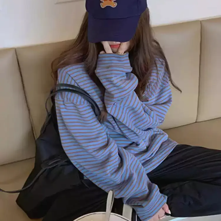 小众炸街高级感女装蓝色条纹长袖内搭打底衫慵懒显瘦秋装t恤上衣