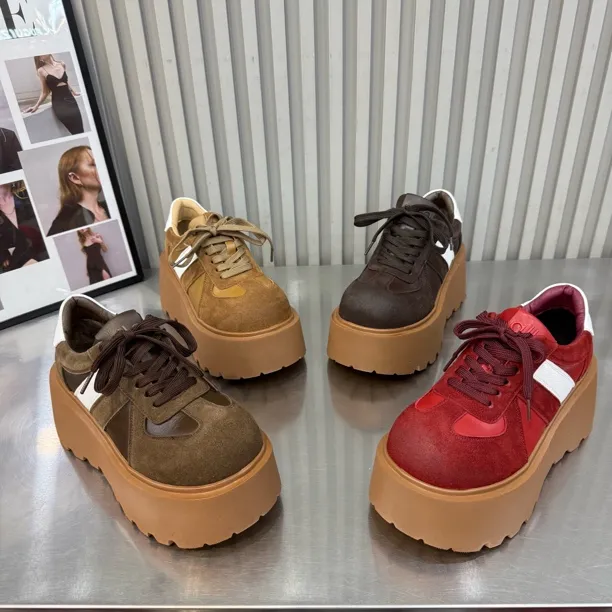 来9090-91新款厚底松糕反绒皮拼色圆头时尚休闲鞋底厚8公分