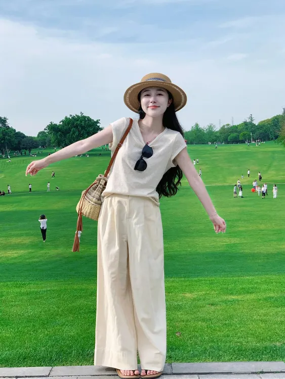 【夏木南生】气质高级感优雅简约杏色T恤上衣短袖高腰杏色休闲长裤