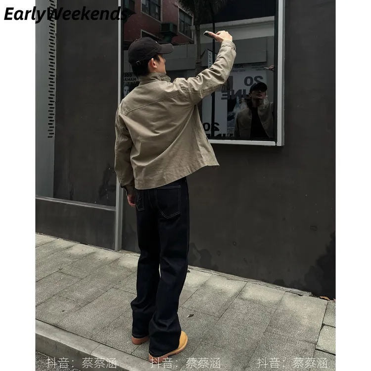 周末早起 美式复古vintage底特律夹克重棉磅帆布外套短宽上衣男士