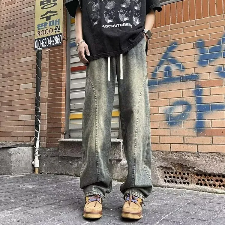美式松紧腰牛仔裤子男秋季潮流街头复古宽松直筒裤水洗百搭休闲裤