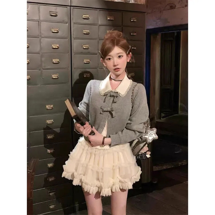 parkyeon设计感假两件蕾丝拼接针织衫上衣搭高腰显瘦蓬蓬短裙套装