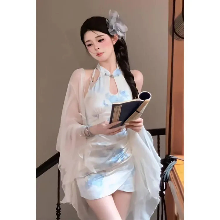 【店铺热销】落花为信短裙2025夏季显瘦气质古风仙女旗袍防晒开衫