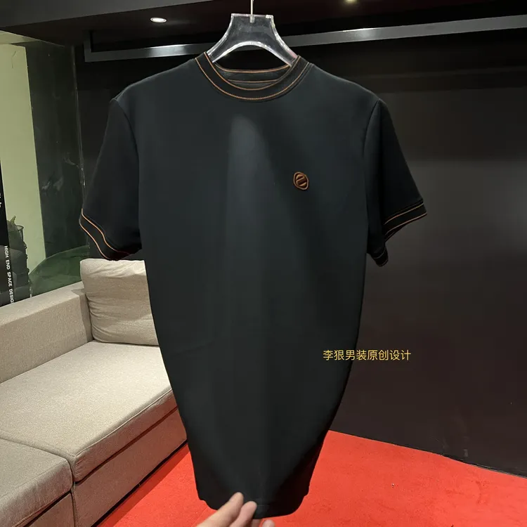 （潮）7033男士轻奢秋冬款加厚螺纹领原创设计师款半袖T恤