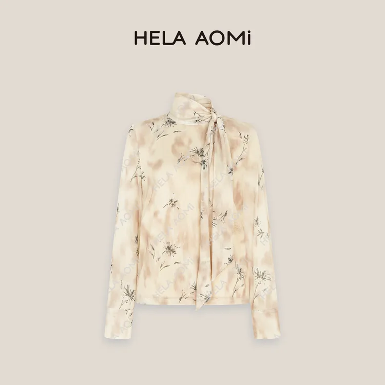 HELA AOMI“花卉衬衫”长袖蝴蝶结绑带气质通勤风国风印花衬衫