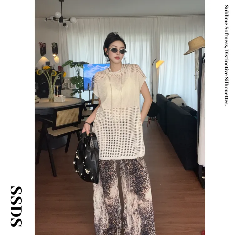SSDS早秋天丝冰感镂空坎肩短袖女韩系时尚百搭中长款背心罩衫