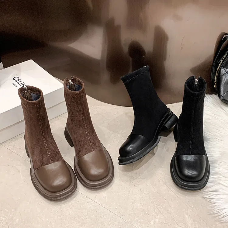 加绒靴子女粗跟2025秋冬短靴中跟马丁靴英伦风方头网红弹力瘦瘦靴