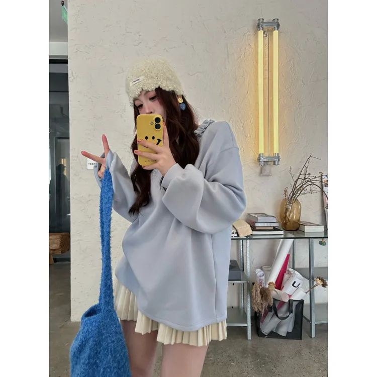 晶咕【心跳轨迹】时尚减龄木耳边V领宽松加厚长袖上衣