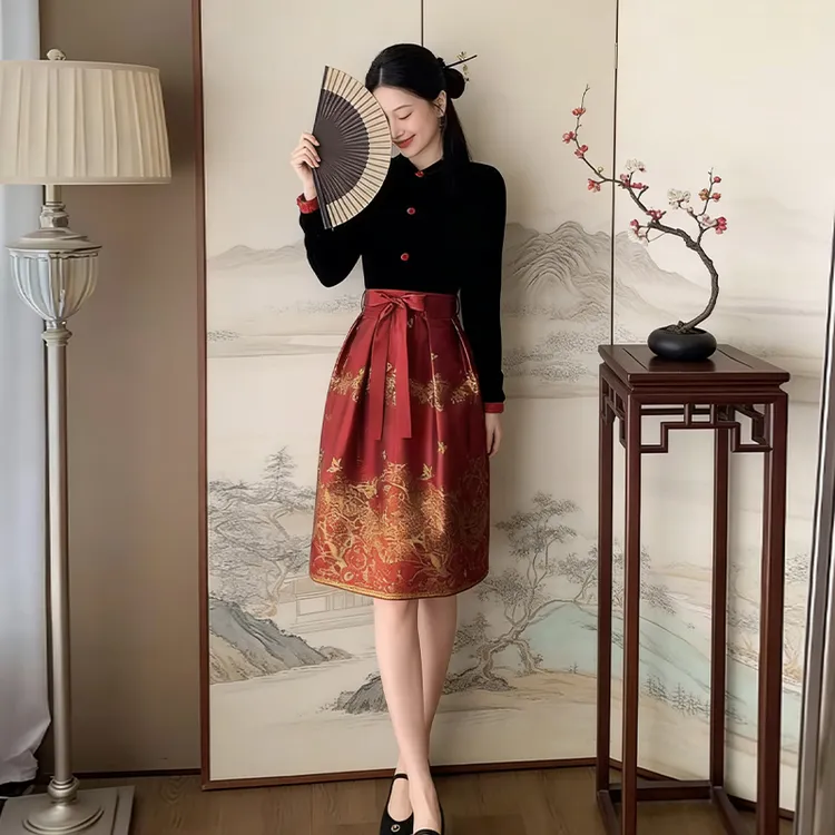 国风古韵高端提花改良马面裙女秋冬新款高级感丝绒优雅气质连衣裙