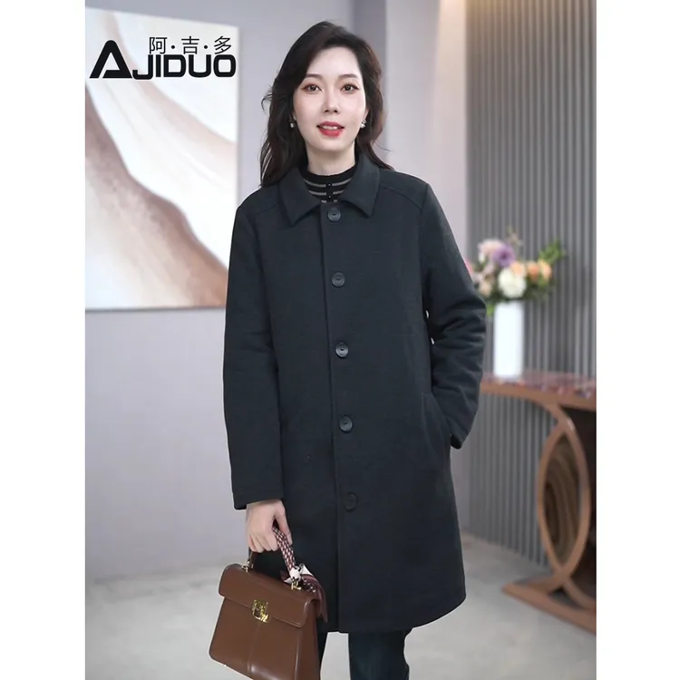 A23337中长款呢子大衣女秋冬新款高级感外套夹棉保暖翻领毛呢外套