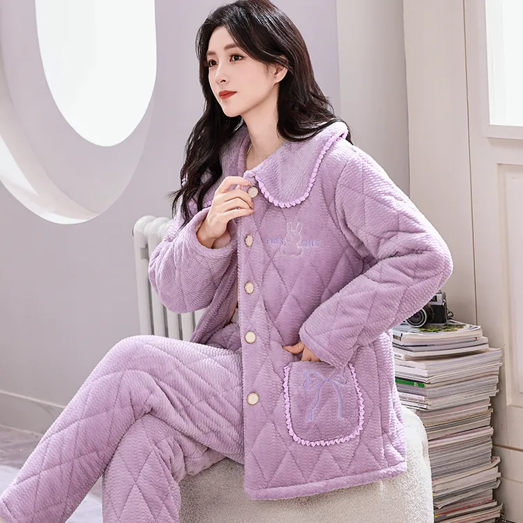 女士加厚三层夹棉睡衣加绒可外穿防风保暖年轻款法兰绒家居服套装