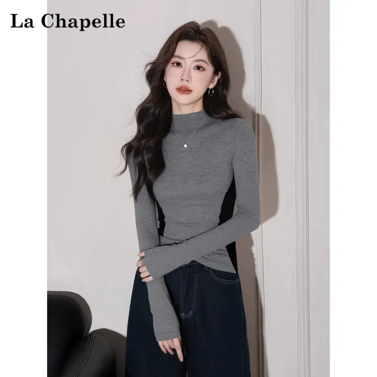 La Chapelle/拉夏贝尔新螺纹半高领拼接腰侧撞色长袖修身t恤女装