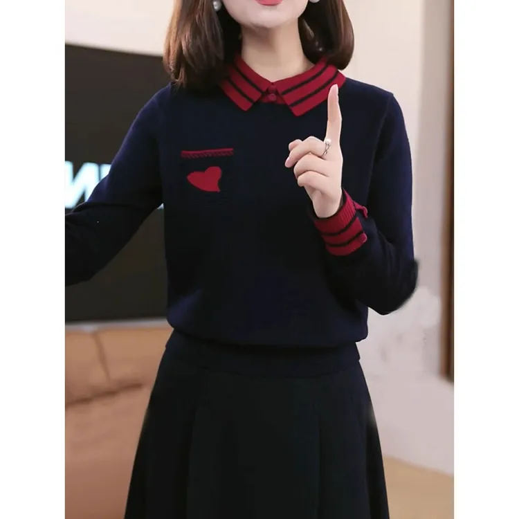 秋冬新款藏青色polo领长袖针织衫女撞色翻领套头洋气减龄显瘦上衣