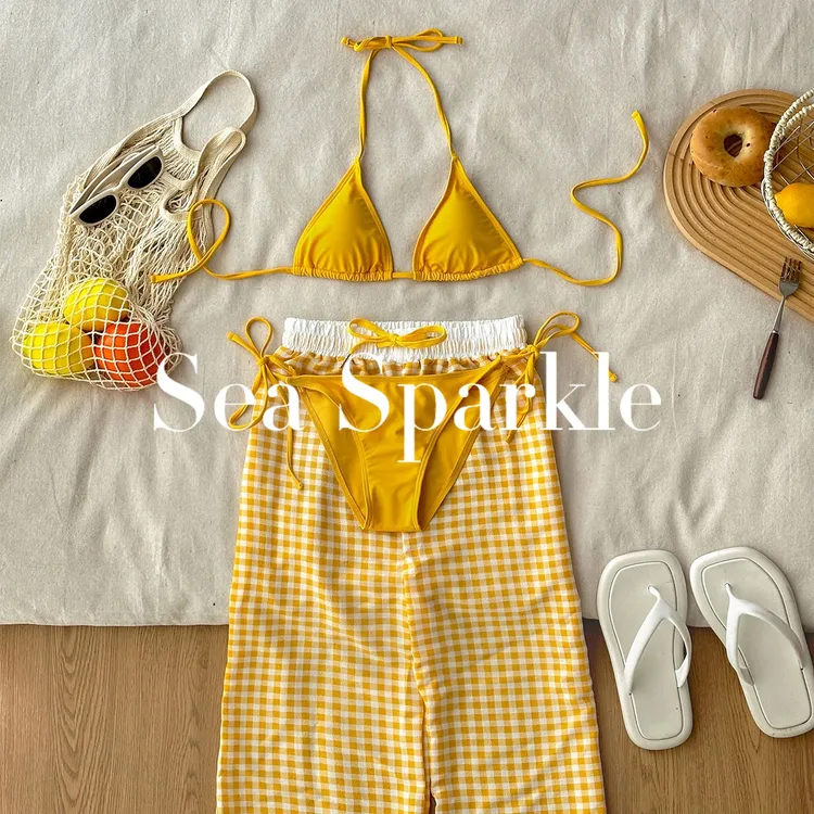 Sea Sparkle夏日多巴胺挂脖绑带式比基尼格纹长裤泳衣套装超出片