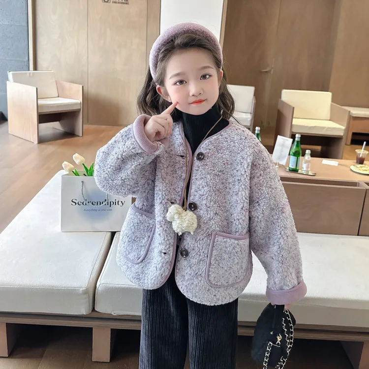 女童彩点毛绒外套秋冬款2024新款时髦羊羔绒上衣小女孩洋气潮童装
