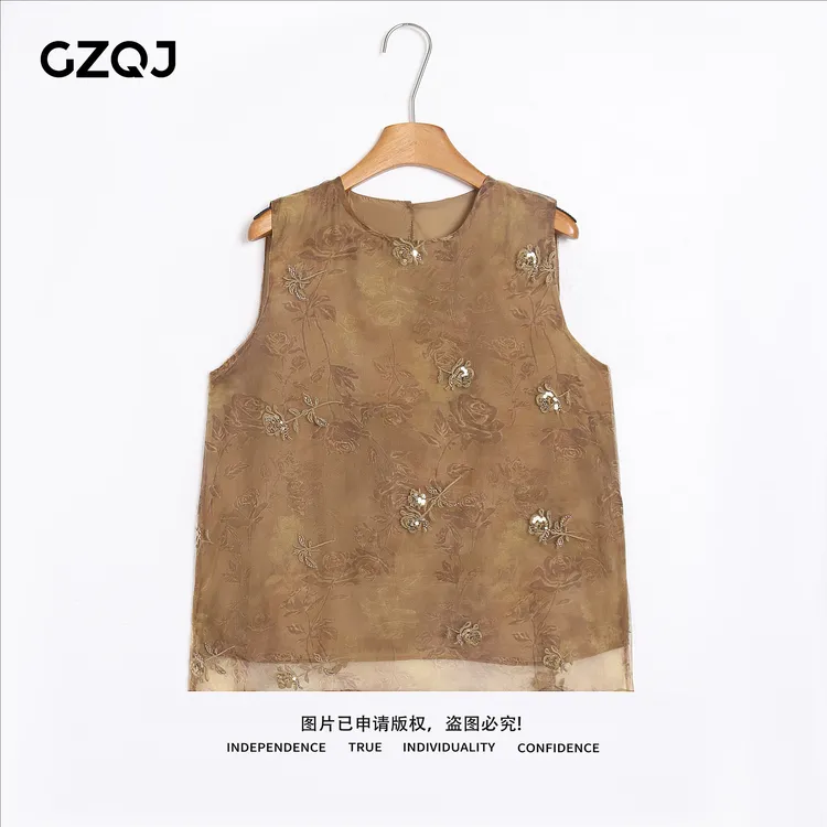 老琴私服 【关雎洲】欧若风复古气质立体亮片花朵无袖背心女 9099