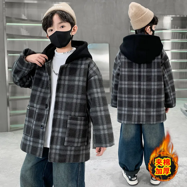 男童格子大衣冬装外套新款爆款儿童夹棉加厚棉服中大童男孩帅气潮