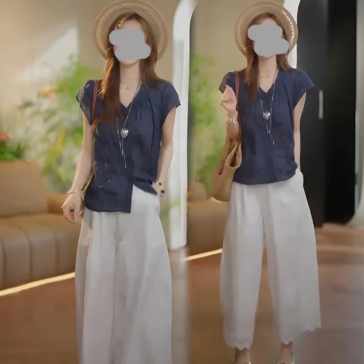 法式V领洋气百搭褶皱短袖衬衫夏季新款高级感松紧腰九分裤套装潮