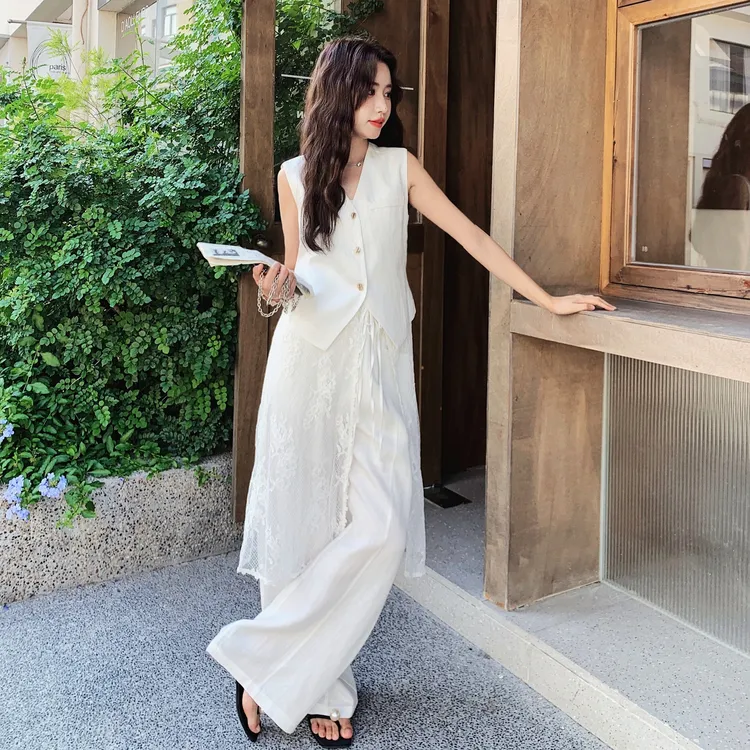 复古叠穿坎肩马甲系带蕾丝罩衫阔腿裤三件套女2025年夏季新款套装