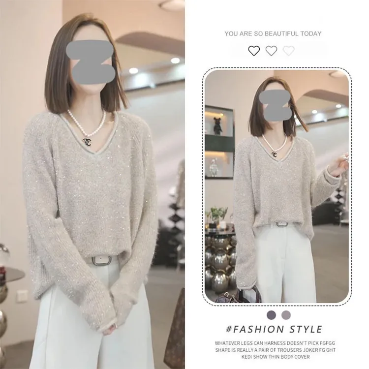 亮片v领毛衣女秋季2025新款今年流行风格高级感超好看针织衫上衣
