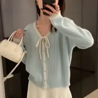 【8338】大码胖mm针织衫秋冬季款宽松v领高级感蓝色短款毛衣外套