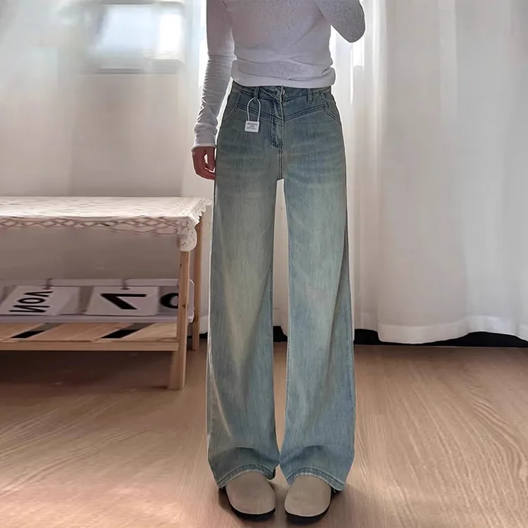 浅色阔腿牛仔裤女梨形身材夏季新款胖mm大码宽松显瘦垂感直筒裤子