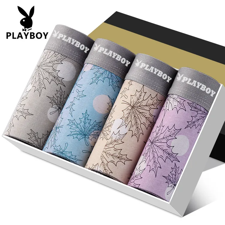 花花公子男士平角内裤青少年四角裤四季棉质印花舒适宽松透气裤头
