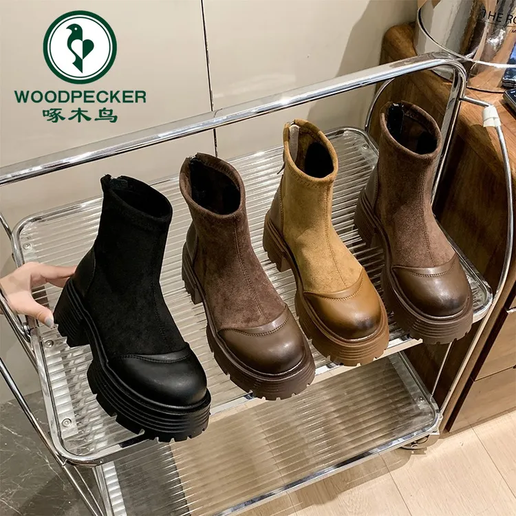 啄木鸟复古英伦风马丁靴2025年秋冬新款瘦瘦靴小个子厚底粗跟短靴