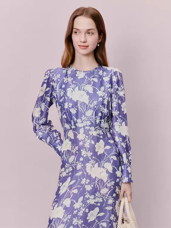 套头拼接长袖春夏秋蚕丝连衣裙