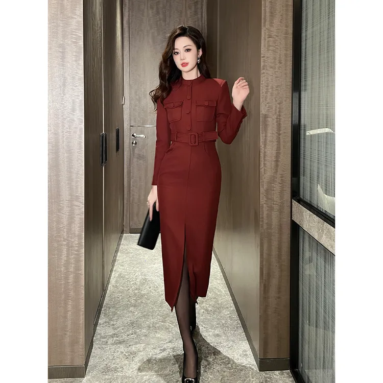 欧洲站红色连衣裙女2025秋季新款毛呢重要场合绝美修身开叉包臀裙