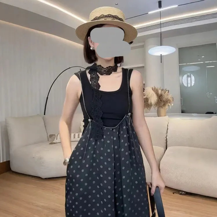 夏季新款韩版高级感波点休闲时尚百搭高腰可调节阔腿长裤背带裤女