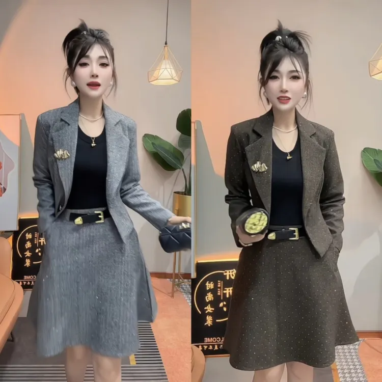 重工烫钻满天星西服领长袖上衣搭配半身裙女气质套装女高级感女装