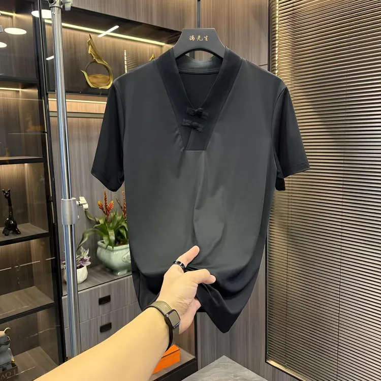 男士速干唐装上衣男夏季透气商务V领薄款短袖免烫纯色盘口半袖