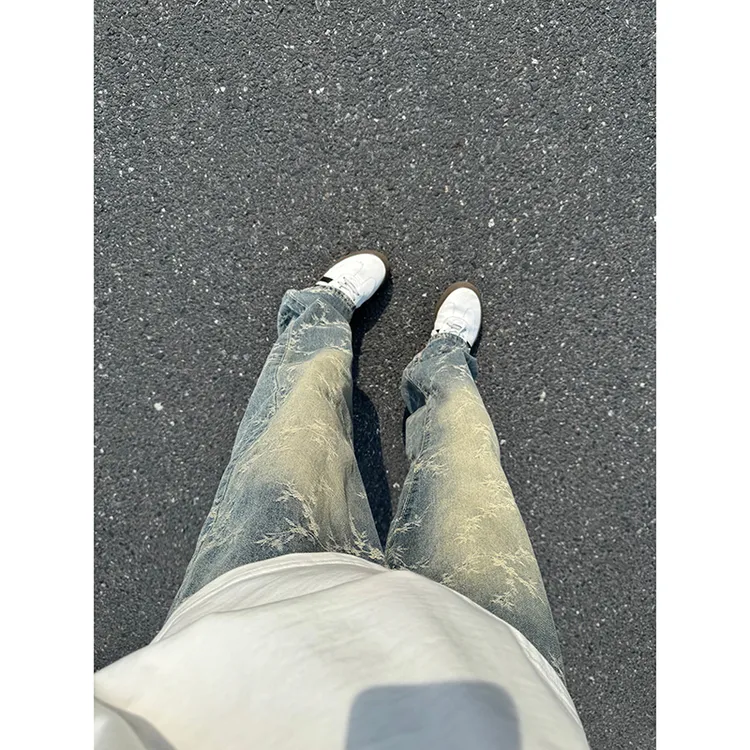 浅蓝色荆棘提花牛仔裤美式高街vibe裤子男夏季水洗直筒微喇弯刀裤