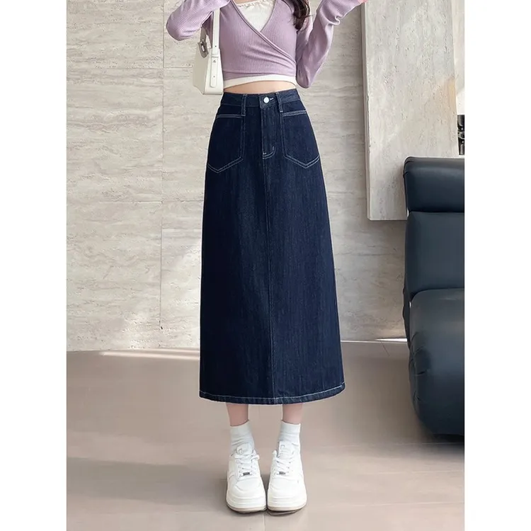 丹宁色开叉牛仔半身裙女春夏2025新款高腰A字显瘦中长款直筒包臀