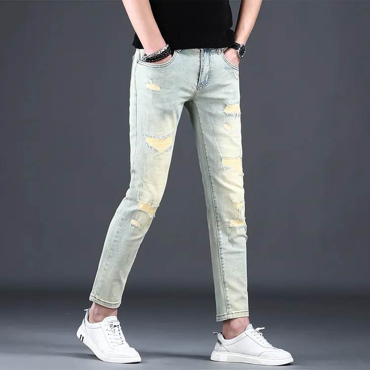 罗尔基那斯春秋新款复古潮牌破洞牛仔裤男士修身弹力休闲九分裤