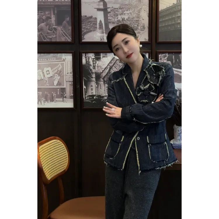 TheBay【西部往事】复古牛仔手工拉毛边西装外套Bay2SQZR0285